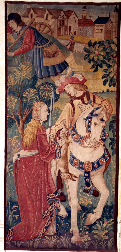 狩りの復活。紳士が若い女性にゲームを提供しています。オランダのタペストリー 作： School Netherlandish