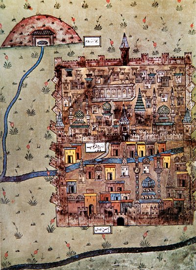 1600年頃のトルコ、エルゼルムの地図（カラーリトグラフ） 作： School Ottoman