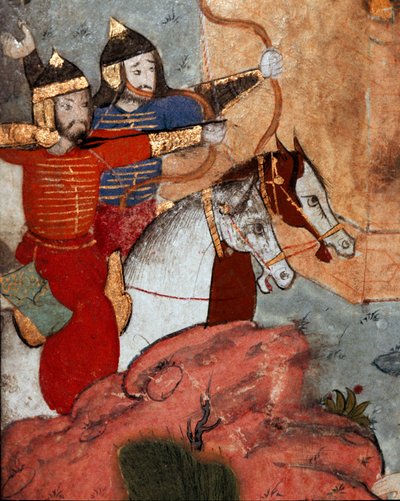 モンゴルの指導者タメルラン（1336-1405）（またはティムール・ラング、「足の不自由なティムール」）の弓兵たちは、1402年7月20日のアンカラ（アンキュラまたはアンコラ）の戦いで、オスマン帝国軍に対するモンゴル軍の勝利を目の当たりにした」 詳細トプカプ・サライ博物館 図書館 Ist 作： School Ottoman