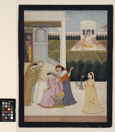 他の人がホリを演じている間、女性は非難します、c.1790（不透明な水彩画、紙に銀と金） 作： School Pahari