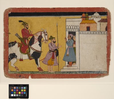 王子の狩猟は家のドアで止まります、c.1700（不透明なw - cと紙に金） 作： School Pahari