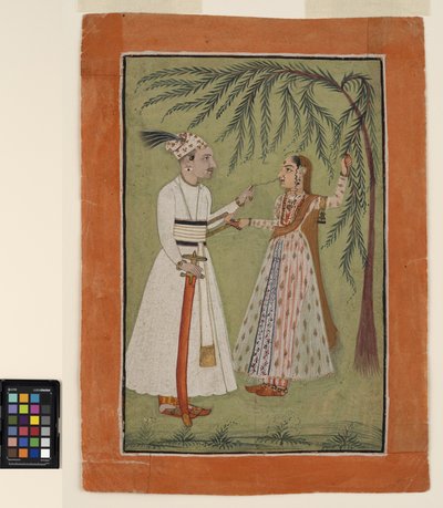 木を握る女性の髪の毛を引っ張る定規、c.1705（不透明な水彩画と紙に金） 作： School Pahari