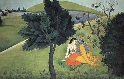 ラダの胸を飾るクリシュナ（「Gita Govinda」シリーズより）、クシャラまたはガウドゥの作とされる、ヒマーチャル・プラデーシュ州カングラ、1780年頃。 作： School Pahari