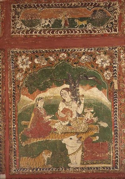 ヒマーチャル・プラデーシュ州チャンバの「Rang Mahal Chamba」から見たシヴァ神の家族 作： School Pahari