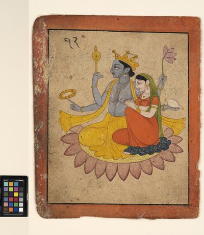 蓮にラクシュミを乗せたヴィシュヌ、1780年頃（紙に不透明な水彩画） 作： School Pahari