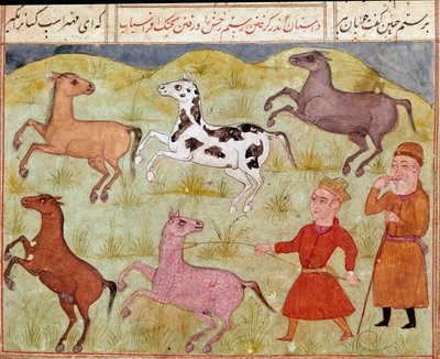 イスラム美術。領主とその農夫の少年が野生の馬を投げ縄で捕らえている。フェルダウシ（Ferdawsi, or Firdousi, ca. 940-around 1020）の叙事詩「シャーナメ」（Shah Nama, Shahnama）（王の書）の写本に描かれたペルシャの細密画 ビブリオテカ・ナジ 作： School Persian