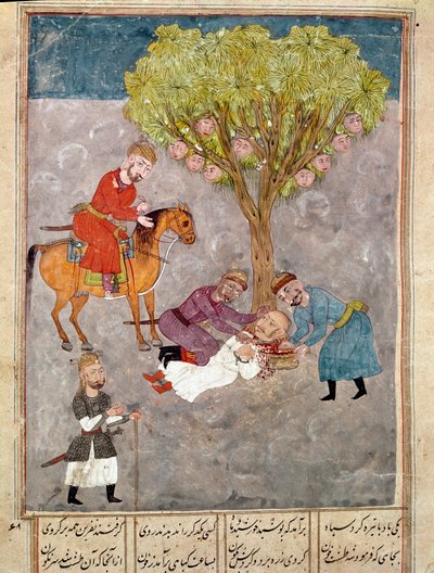 イスラムアート。敵は断頭台。フェルダウシ（Ferdawsi, or Firdousi, ca. 940-around 1020）の叙事詩「シャーナメ」（Shah Nama, Shahnama）（王の書）の写本からのペルシャの細密画。 作： School Persian