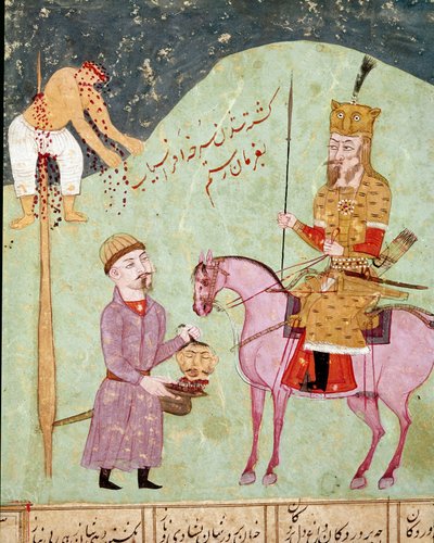 イスラム美術：敵を突き刺して首を切る。フェルダウシ（Ferdawsi, or Firdousi, ca. 940-around 1020）の叙事詩「シャーナメ」（Shah Nama, Shahnama）（王の書）の写本からのペルシャ語ミニアチュール。 作： School Persian