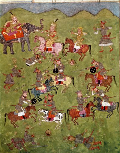 イスラム美術：戦闘シーン。フェルダウシ（Ferdawsi, or Firdousi, ca. 940-around 1020）の叙事詩「シャーナメ」（Shah Nama, Shahnama）（王の書）の写本に描かれたペルシャの細密画。 作： School Persian