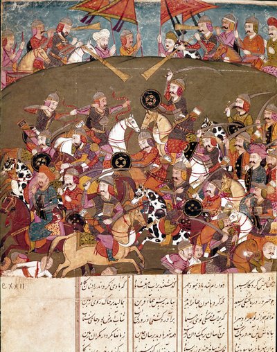 イスラム美術：戦闘シーン。フェルダウシ（Ferdawsi, or Firdousi, ca. 940-around 1020）の叙事詩「シャーナメ」（Shah Nama, Shahnama）（王の書）の写本に描かれたペルシャの細密画。 作： School Persian