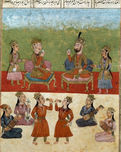 イスラム美術：ハレムでのコンサートや娯楽。フェルダウシ（Ferdawsi, or Firdousi, ca. 940-around 1020）の叙事詩「シャーナメ」（Shah Nama, Shahnama）（王の書）の写本からのペルシャ語の細密画 作： School Persian