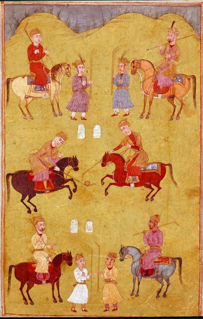 イスラム美術：ポロリの部分。フェルダウシ（Ferdawsi, or Firdousi, ca. 940-around 1020）の叙事詩「シャーナメ」（Shah Nama, Shahnama）（王の書）の写本からのペルシャの細密画 作： School Persian