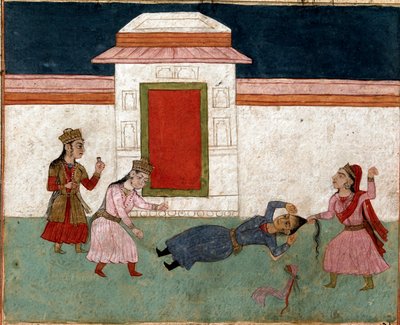 イスラム美術：ハーレムで争う2人の妾、好きな方がライバルの髪を掴む。フェルダウシ（Ferdawsi, or Firdousi, ca. 940-around 10）の叙事詩「シャーナメ」（Shah Nama, Shahnama）（王の書）の写本に描かれたペルシャの細密画。 作： School Persian