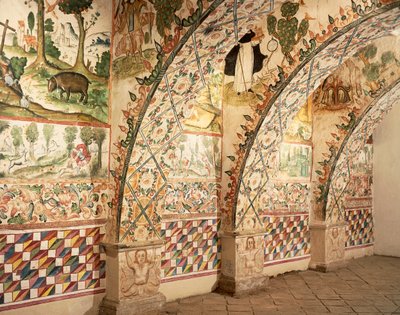 宗教的な場面や日常生活の場面を描いたチャペルのフレスコ画 (fresco) 作： School Peruvian