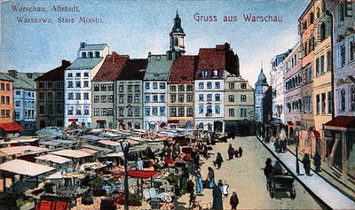 ワルシャワの旧市街市場を描いた絵葉書、1910年頃（カラーリトグラフ） 作： School Polish