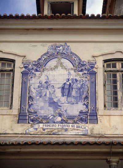 1500年にペドロ・アルヴァレス・カブラル（1467/8～1520年頃）がブラジルを発見。リスボン周辺のタイル 作： School Portuguese