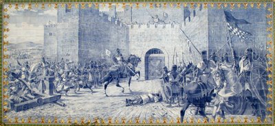 トーレス・ノヴァ（ポルトガル）の大将ギル・パエス（14世紀）の伝説 - 1372年のカスティーリャ人の侵攻の際、ギル・パエスの息子はスペイン人に捕らえられ、降伏を拒む前に攻城の門前で殺される。 作： School Portuguese