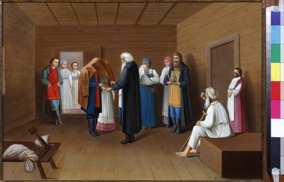 匿名による婚約。 カンヴァスに油彩、19世紀半ば. State V. Troponin-Museum、モスクワ 作： School Russian
