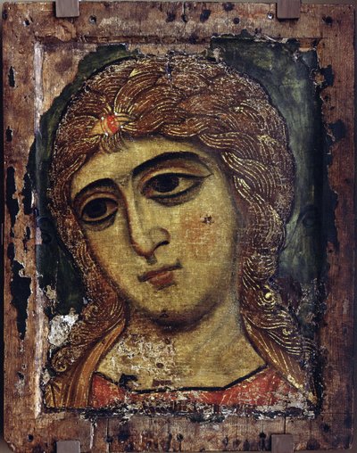 大天使ガブリエル - 大天使ガブリエル (金色の髪の天使) - ロシアのアイコン - 1200年頃 - パネル上のテンペラ - 49x38,5 - 国立ロシア美術館、サンクトペテルブルク 作： School Russian
