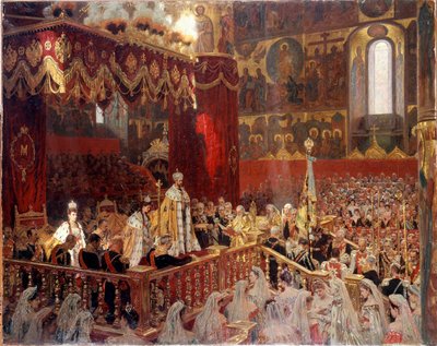 1896年、モスクワのオーセンスキー大聖堂でのニコライ2世の戴冠式 - 匿名のロシア絵画 作： School Russian