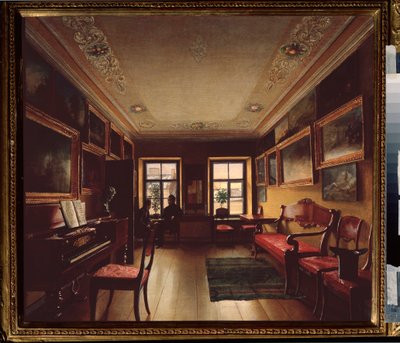部屋で。 （絵画で飾られたピアノのある部屋の窓の前で会話している2人の男性）。 ロシアの巨匠の絵、キャンバスに油彩、1830 年頃。 ロシア美術 作： School Russian