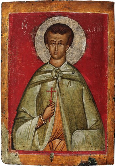 Demetrios de Thessalonique (Dimitrios, Dimitri ou Demetre, marty vers 306) - テッサロニキの聖デメトリウス - ロシアのアイコン。 パネル上のテンペラ 作： School Russian