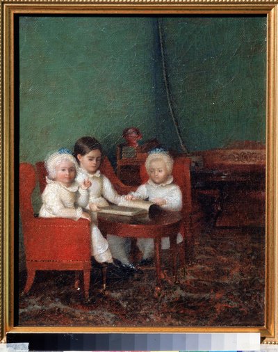 インテリアの子供たち。 匿名の絵。 キャンバスに油彩、25.2 x 20.6 cm 作： School Russian