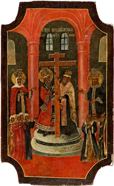 Exaltation de la Sainte Croix (聖十字架の高揚) - ロシアのアイコン、木にテンペラ 作： School Russian
