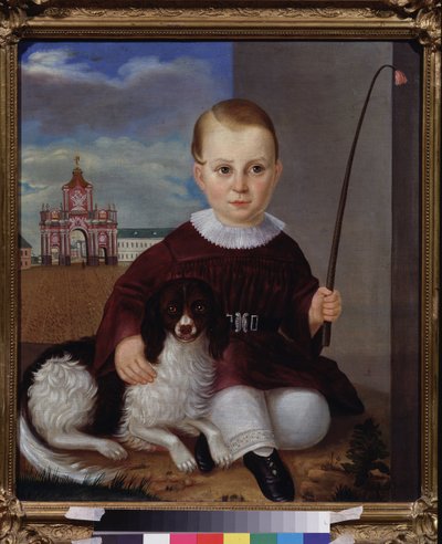 赤いドアの前で犬を連れた少年 (モスクワ)。 ロシアの巨匠の絵画、キャンバスに油彩、1840年。19世紀のロシア美術。 State V. Tropinin Museum、モスクワ。 作： School Russian