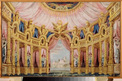 吹き抜けのあるホール。 演劇の準備装飾。 ロシアの巨匠の作品、キャンバスに描かれたテンペラ 作： School Russian
