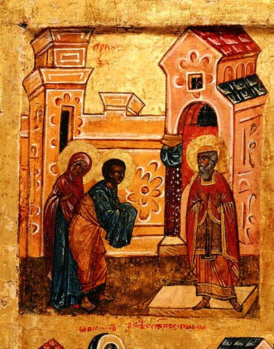 エルサレムの神殿を訪れたヨアヒムとアンナを描いたイコン 1550年頃 パネルにテンペラと金箔 （314500の細部 作： School Russian