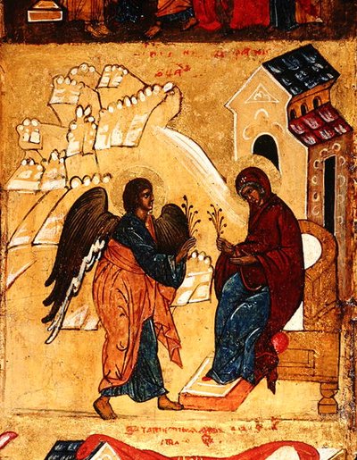 受胎告知を描いたイコン 1550年頃 パネルにテンペラと金箔 （314500の細部 作： School Russian