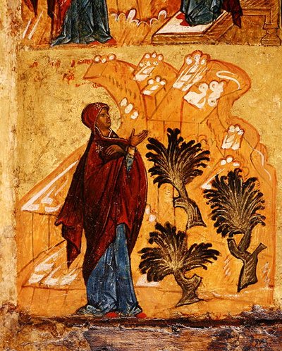 荒野で祈る聖母を描いたイコン 1550年頃 パネルにテンペラと金箔 （314500の細部 作： School Russian