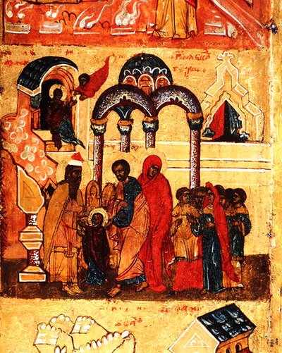 聖母の幼少期と神への奉納を描いたイコン 1550年頃 パネルにテンペラと金箔 （314500のディテール 作： School Russian