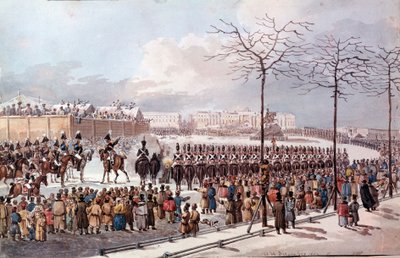 1825年、新しい憲法を手に入れるために、ニコライ1世の未来で起こったディセンブリスト（デカブリスト）の反乱。1830年のエングレーヴィング。サンクトペテルブルクエルミタージュ図書館 作： School Russian