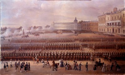 1852年、ニコライ1世（ロシア）の支配下にあったガッチナに、パウロ1世に捧げられた記念碑が発足。ロシア派の絵画。サンクトペテルブルク、ピーターホフ城 作： School Russian