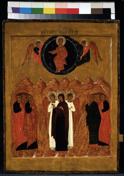 「キリストの昇天」ロシアのイコン。 16世紀の木版画。 地方美術館、アルハンゲリスク 作： School Russian