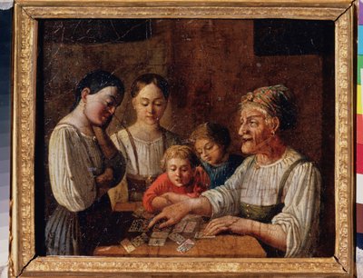 占い師。 （カードで未来を予測する老婆）。 ロシアの巨匠による絵画、厚紙に油彩、19 世紀初頭。 国立ロシア美術館、サンクトペテルブルク。 作： School Russian