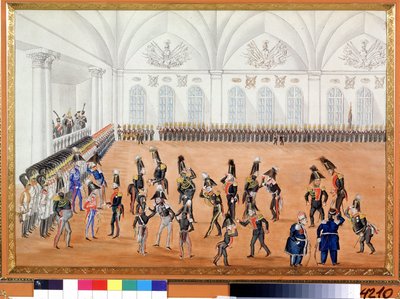 ガードパレード。 匿名の絵。 紙に水彩、1820 年頃。ロシアの芸術、風刺。 A. プーシキン記念博物館、サンクトペテルブルク。 作： School Russian