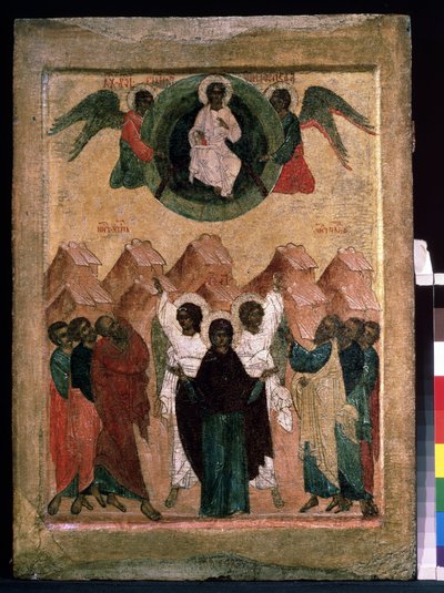 「キリストの昇天」ロシアのイコン。 16世紀初頭の木版画。 地方美術館、アルハンゲリスク 作： School Russian