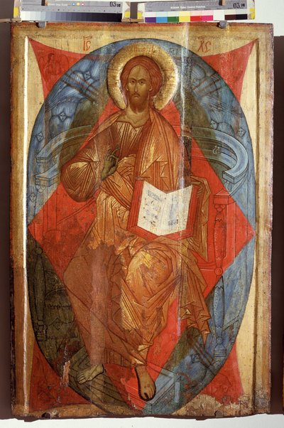 Christ in Majesty, Savior of the World (威厳のあるキリスト、世界の救世主)。 祝福のしるしを作るマンドルラの威厳のある（栄光の）イエス・キリスト。 ロシアのイコン、木に描かれたテンペラ、16 世紀初頭、ロストフ スーズダリの芸術。 A.ルーブル州 作： School Russian