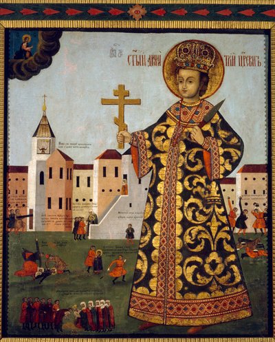 Tsarevich Demetrius（1582-1591）（またはロシアのウグリチ市の前にあるモスクワのディミトリ）。 匿名の絵画、木にテンペラ 作： School Russian