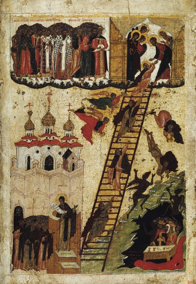 "The Ladder of Paradise of St. John Climacus" (聖ヨハネ・クリマクスの聖なる梯子) 修道士たちが梯子の頂上に到達し、地獄に落ちる者たちが描かれている - 16世紀初頭のロシアのイコン 国立ロシア博物館、セント・ペット 作： School Russian