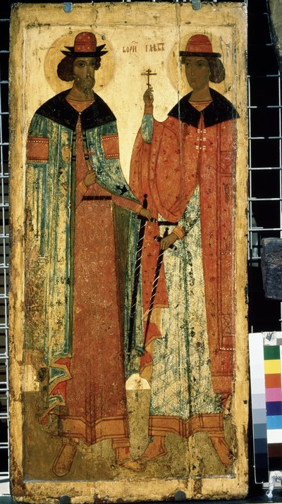 「キエフのウラジミール1世の息子、聖ボリスとグレブ」ロシアのイコン。 1450年頃の木に絵を描く。国立トレチャコフ美術館、モスクワ 作： School Russian