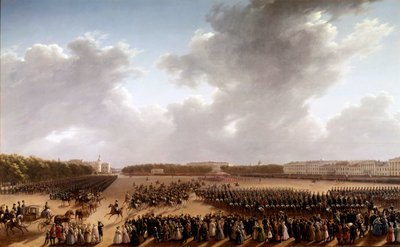 シャンゼリゼ通りのパレード、手前は馬に乗ったアレクサンドル・プーシキン（プーシキン）（1799-1837）とニコライ1世（1796-1855）が馬車に乗ってインペラトリーチェの前を通っている パリのロシア派の絵画。1825-1830.サンクトペテルブルク、博物館 作： School Russian