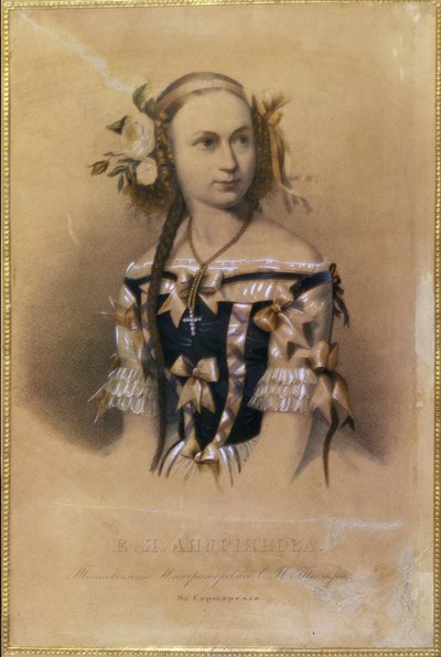 ロシアのバレリーナ エレナ アンドレヤノワ (アンドリアノワ) (1819-1857) の肖像画。 （バレエダンサーのエレナ・アンドレヤノワ）。 ロシア人アーティストによるカラーリトグラフ 作： School Russian