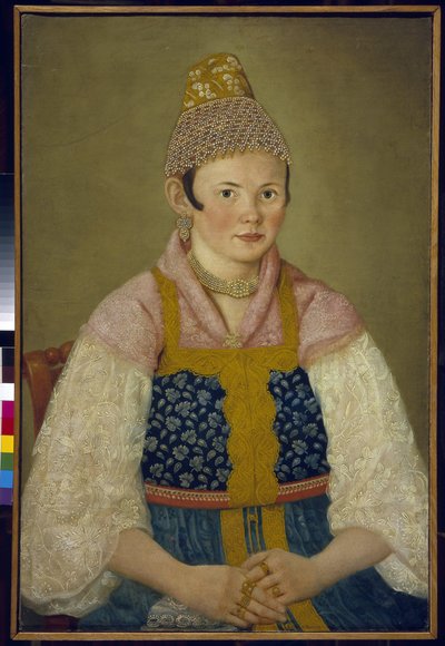 商人の妻の肖像、伝統的なココシニクの頭飾り。 （ココシュニク・カブルチョクの商人の女性の肖像）。 彼女はまた、刺繍で飾られた伝統的なロシアのドレス（サラファン）を着ており、レースの袖が付いたブラウス、頭飾り. 作： School Russian