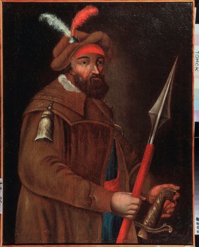 シベリアの征服者であるコサックのリーダー、イェルマーク・ティモフェヴィッチ (1532 年から 1542 年から 1585 年の間に生まれた) の肖像。 匿名の絵画、キャンバスに油彩、18 世紀初頭。 国立美術館、トムスク (ロシア)。 作： School Russian