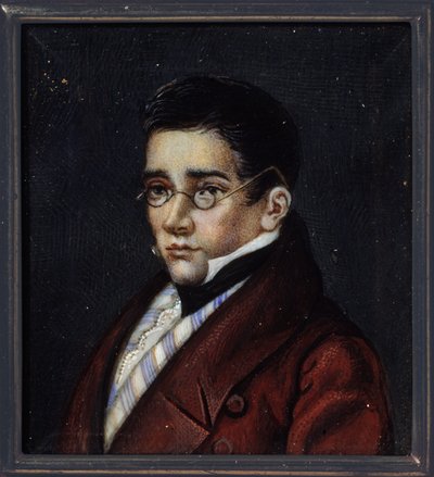 劇作家アレクサンダー・セルゲイヴィッチ・グリボイドフ (アレクサンダー・S・グリボイドフ) (1795-1829) の肖像画。 ロシアの巨匠の作品、1820 年頃、ホーンに水彩とグワッシュ。ロシア美術 作： School Russian