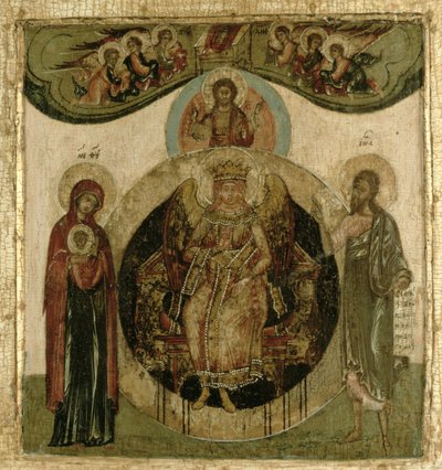 燃える翼を持つ天使の姿で鎮座する聖なる知恵、ソフィアのロシア・イコン（パネル） 作： School Russian